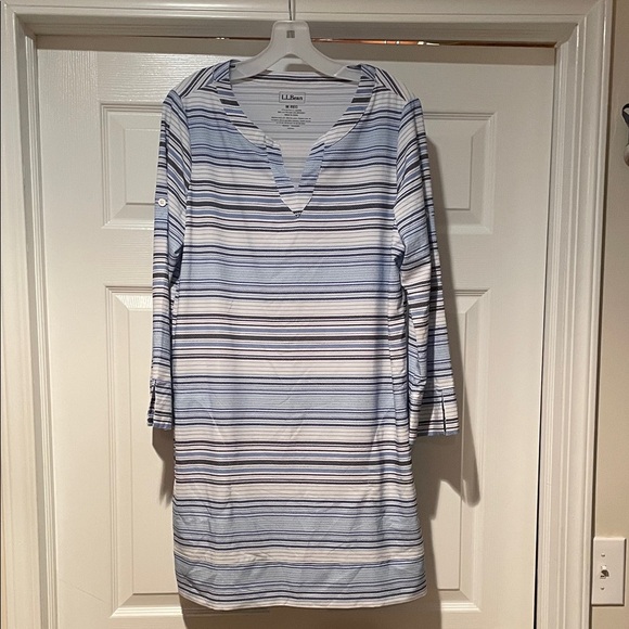 L.L. Bean Blue and White Striped V-Neck Dress - Picture 1 of 3